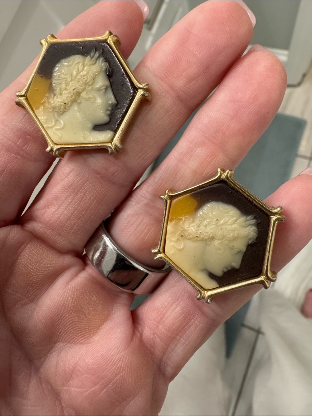 Unique Hexagonal Roman Cameo Cufflinks - Dark Academia Vintage Style
